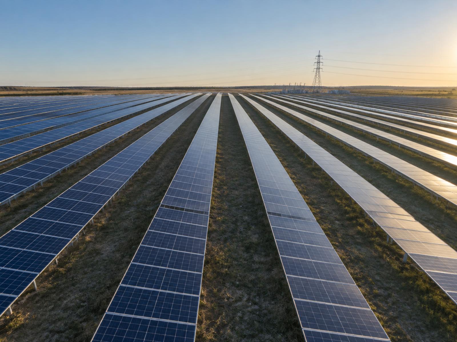 Rows of solar panels at a utility-scale photovoltaic site