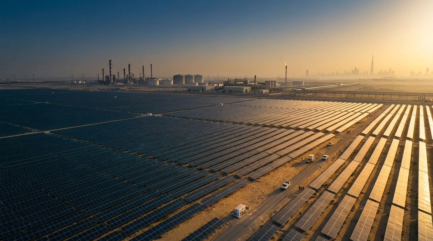 Vast utility-scale solar power park in the desert at golden hour, with oil and gas infrastructure and a distant city skyline on the horizon